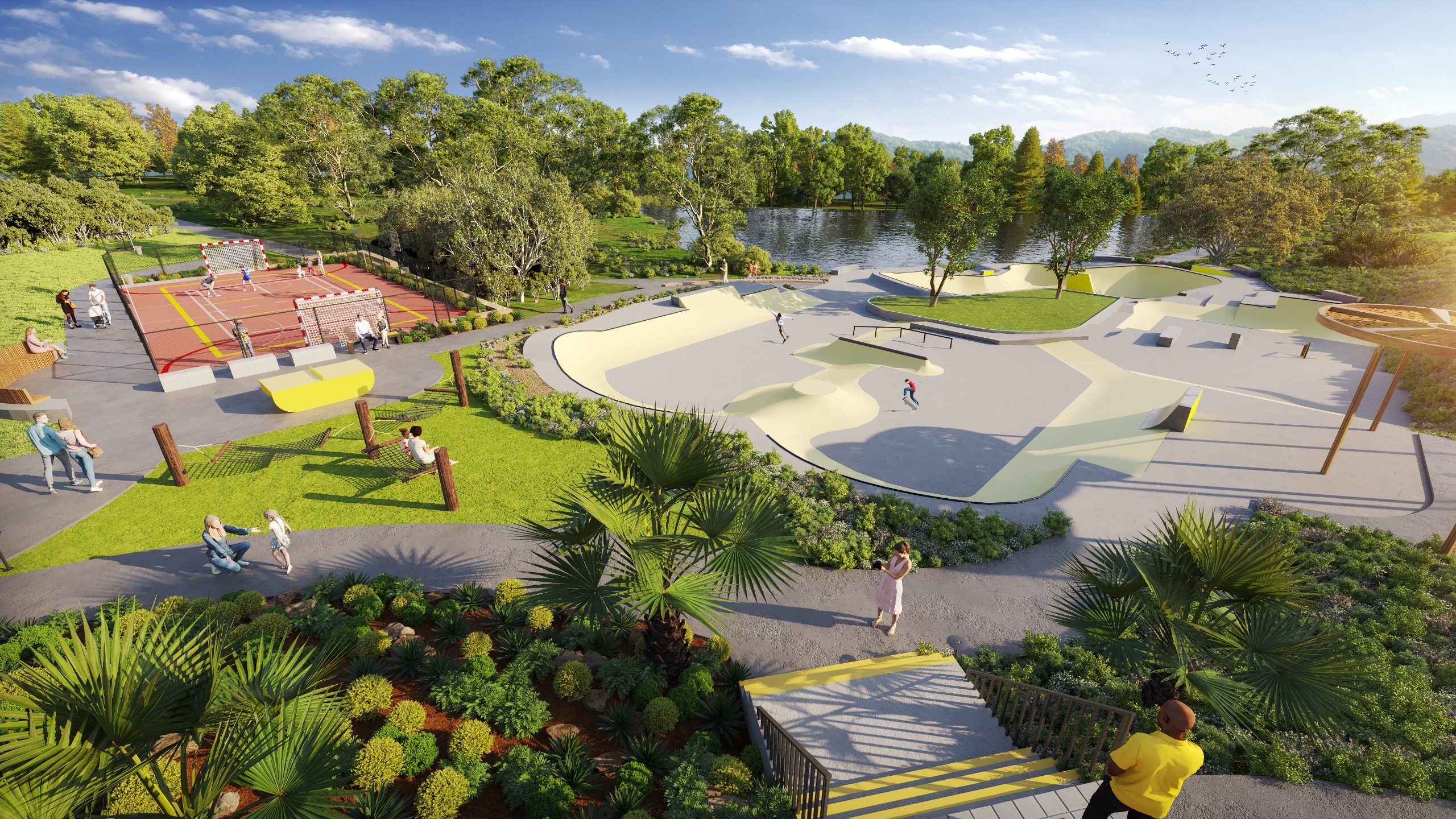 Artist Impressions of the Skate Park, Amenities building and viewing platform at Harrison Park