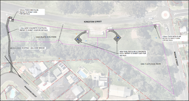Installation of shelters, seating and footpaths at Oak Flats Dog Park.