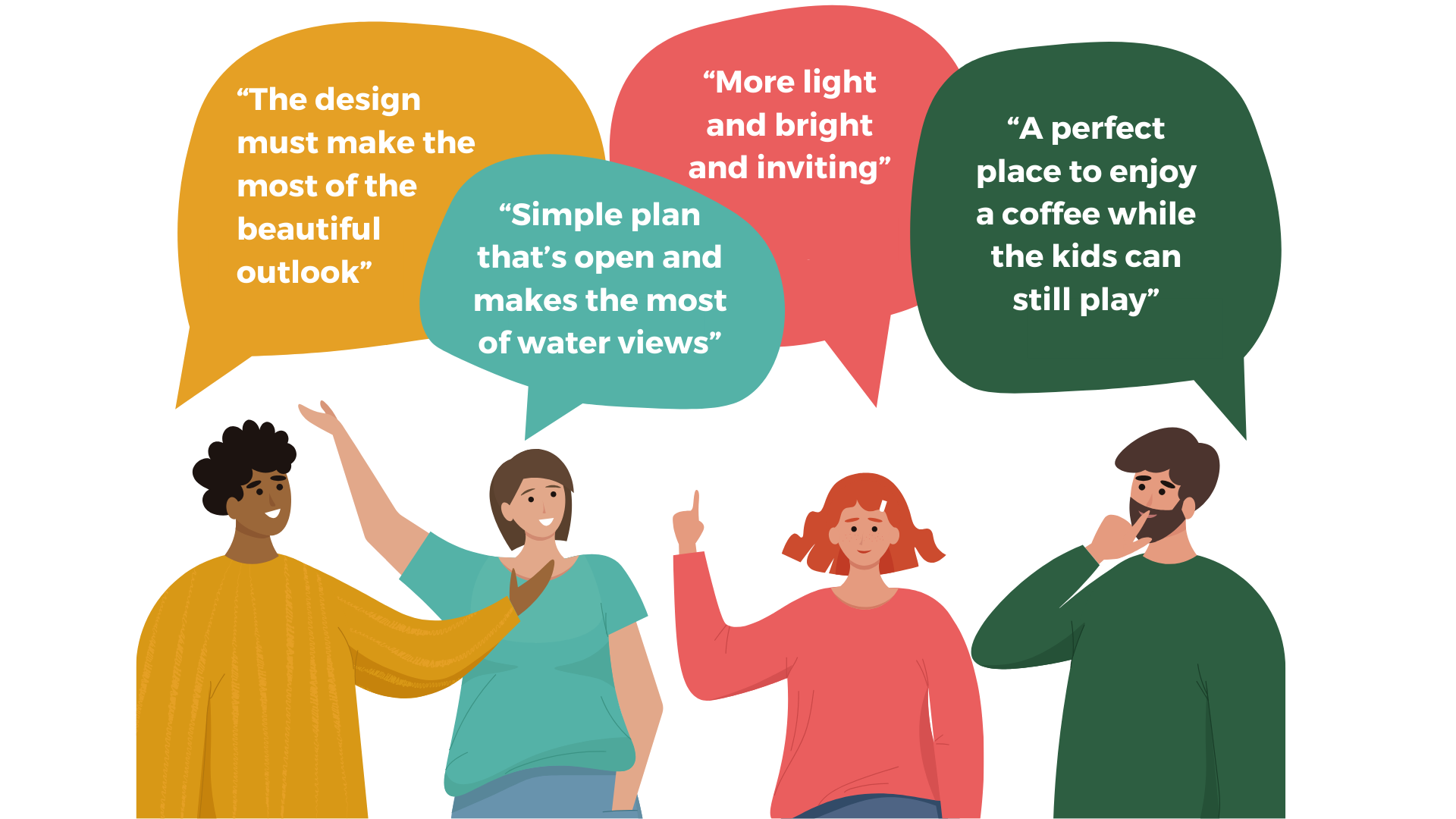 The design must make the most of the beautiful outlook; simple plan that's open and makes the most of water views: more light and bright and inviting; a perfect place to enjoy a coffee while the kids can still play.
